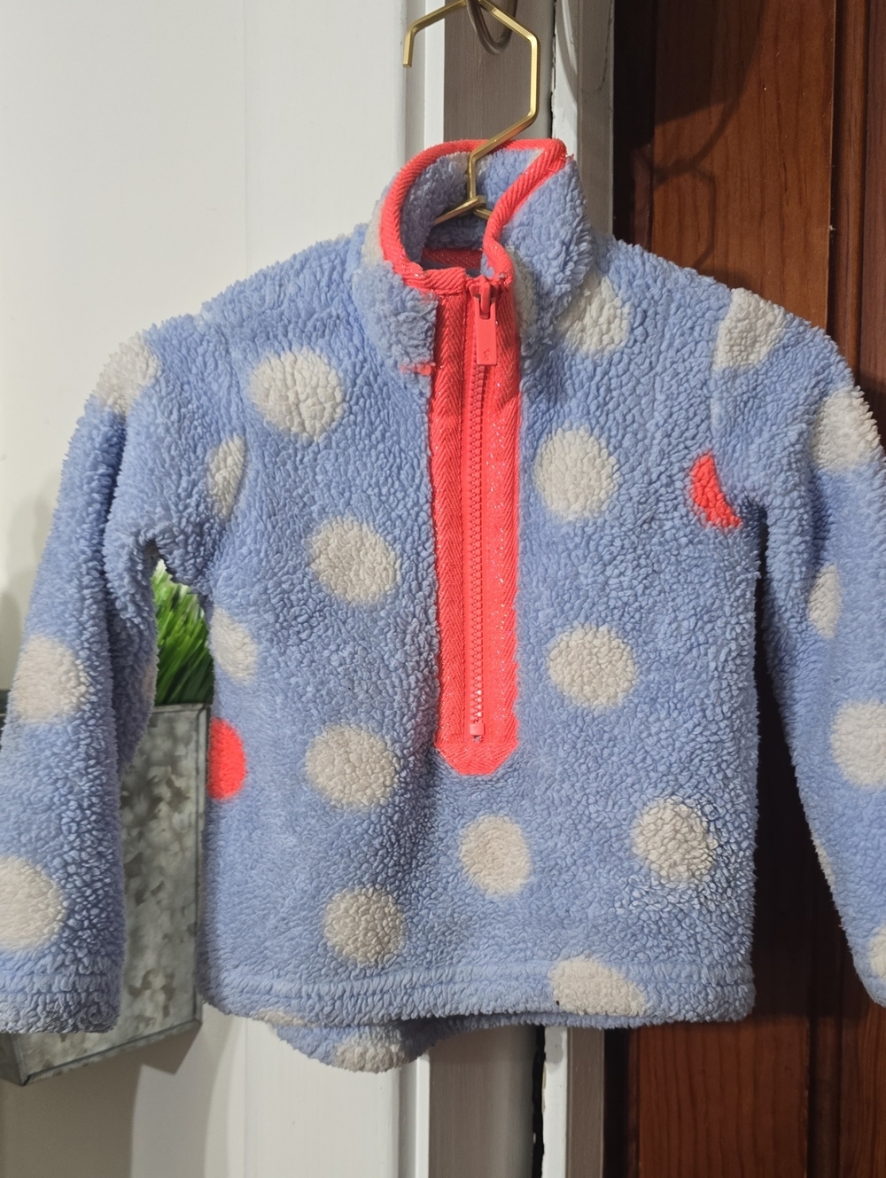 Joules Light Blue Polka Dot Fleece Pullover with Coral Trim Girls Sherpa 2t